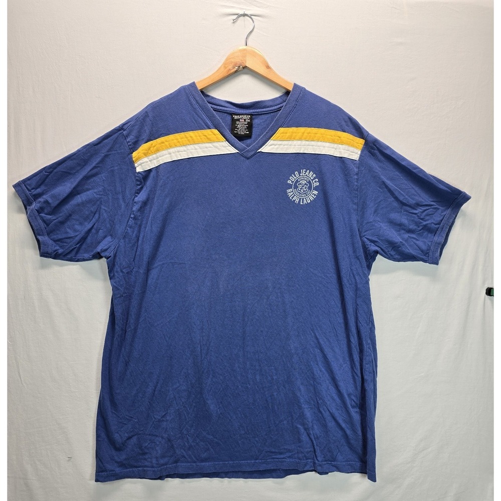 Vintage Polo Jeans Co Ralph Lauren XXL Blue V Neck T Shirt 90s Y2K Colorblock